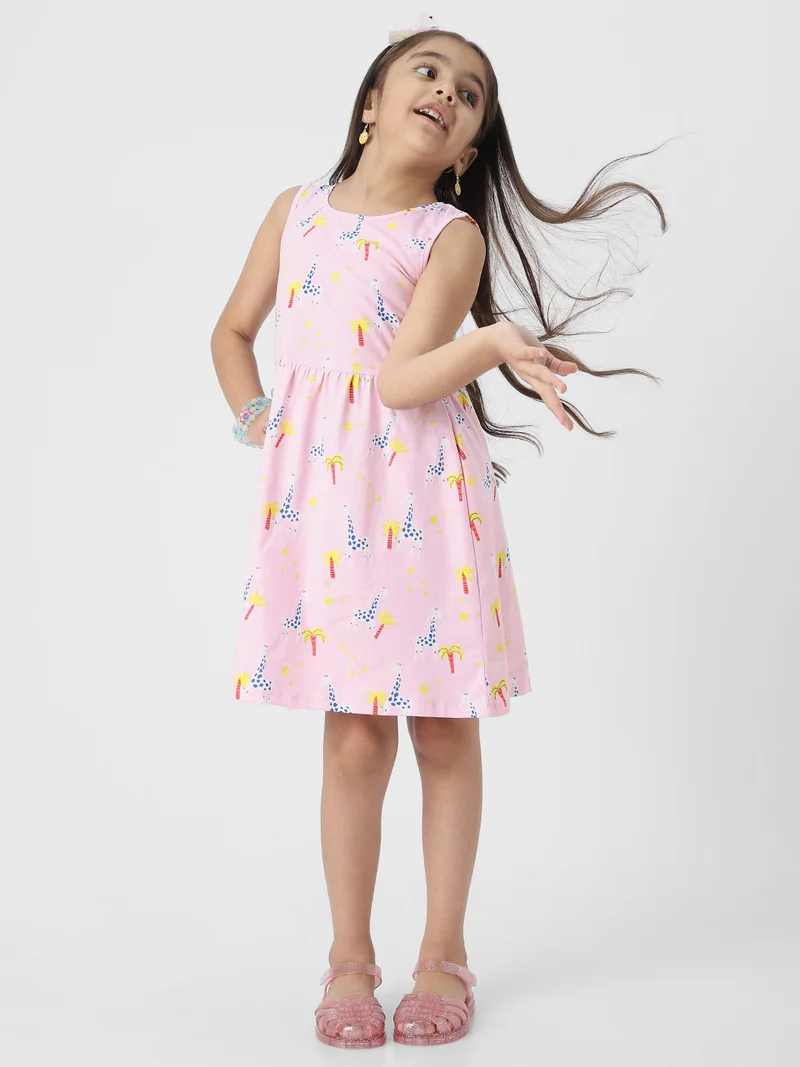 Nautinati  Nautianti Girls' 100% Cotton All-over Palm Tree, Giraffe Print Fit & Flare Dress for Women | Best Price UAE